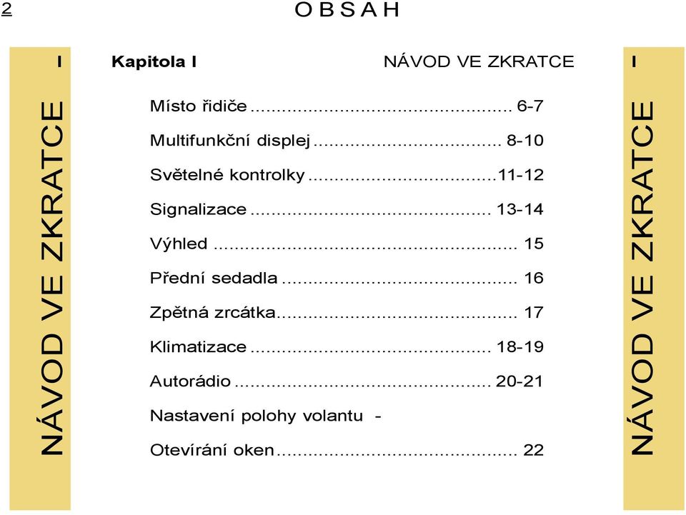 .. 13-14 Výhled... 15 Přední sedadla... 16 Zpětná zrcátka... 17 Klimatizace.