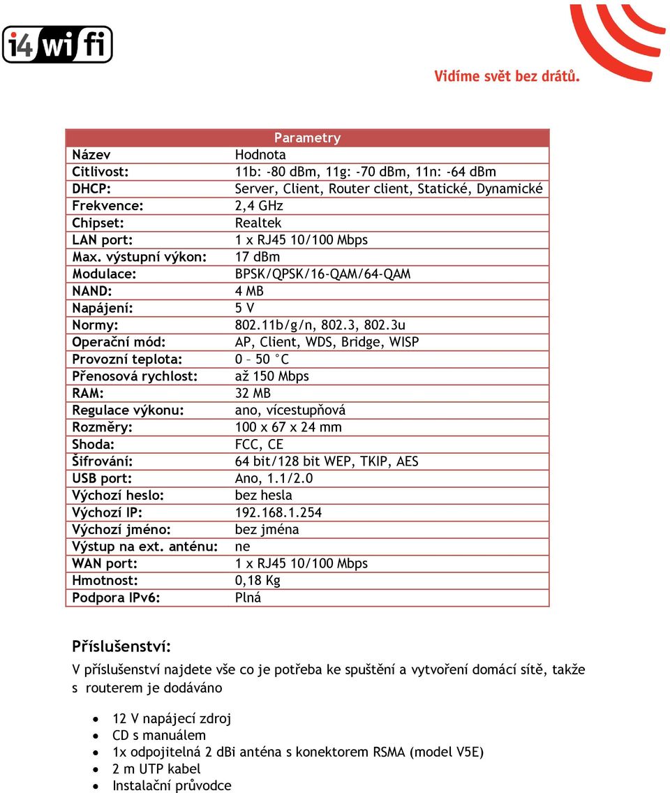 3u Operační mód: AP, Client, WDS, Bridge, WISP Provozní teplota: 0 50 C Přenosová rychlost: až 150 Mbps RAM: 32 MB Regulace výkonu: ano, vícestupňová Rozměry: 100 x 67 x 24 mm Shoda: FCC, CE