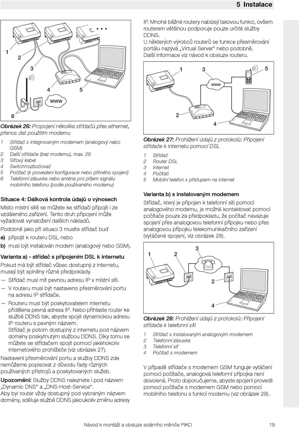 3 3 5 4 5 WWW WWW 6 Obrázek 6: Propojení několika střídačů přes ethernet, přenos dat použitím modemu Střídač s integrovaným modemem (analogový nebo GSM) Další střídače (bez modemu), max.