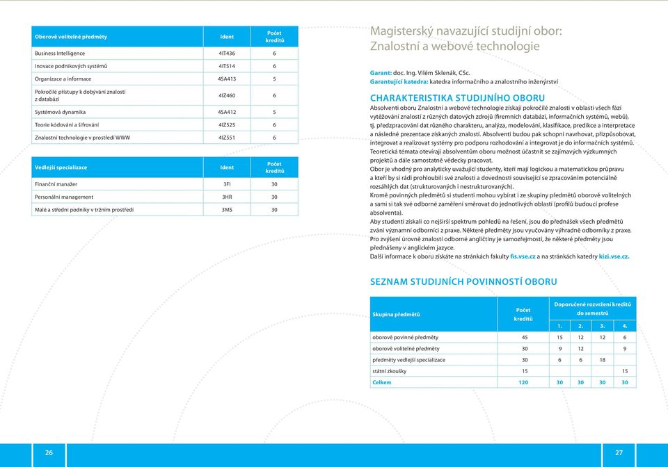 prostředí 3MS 30 Magisterský navazující studijní obor: Znalostní a webové technologie Garant: doc. Ing. Vilém Sklenák, CSc.