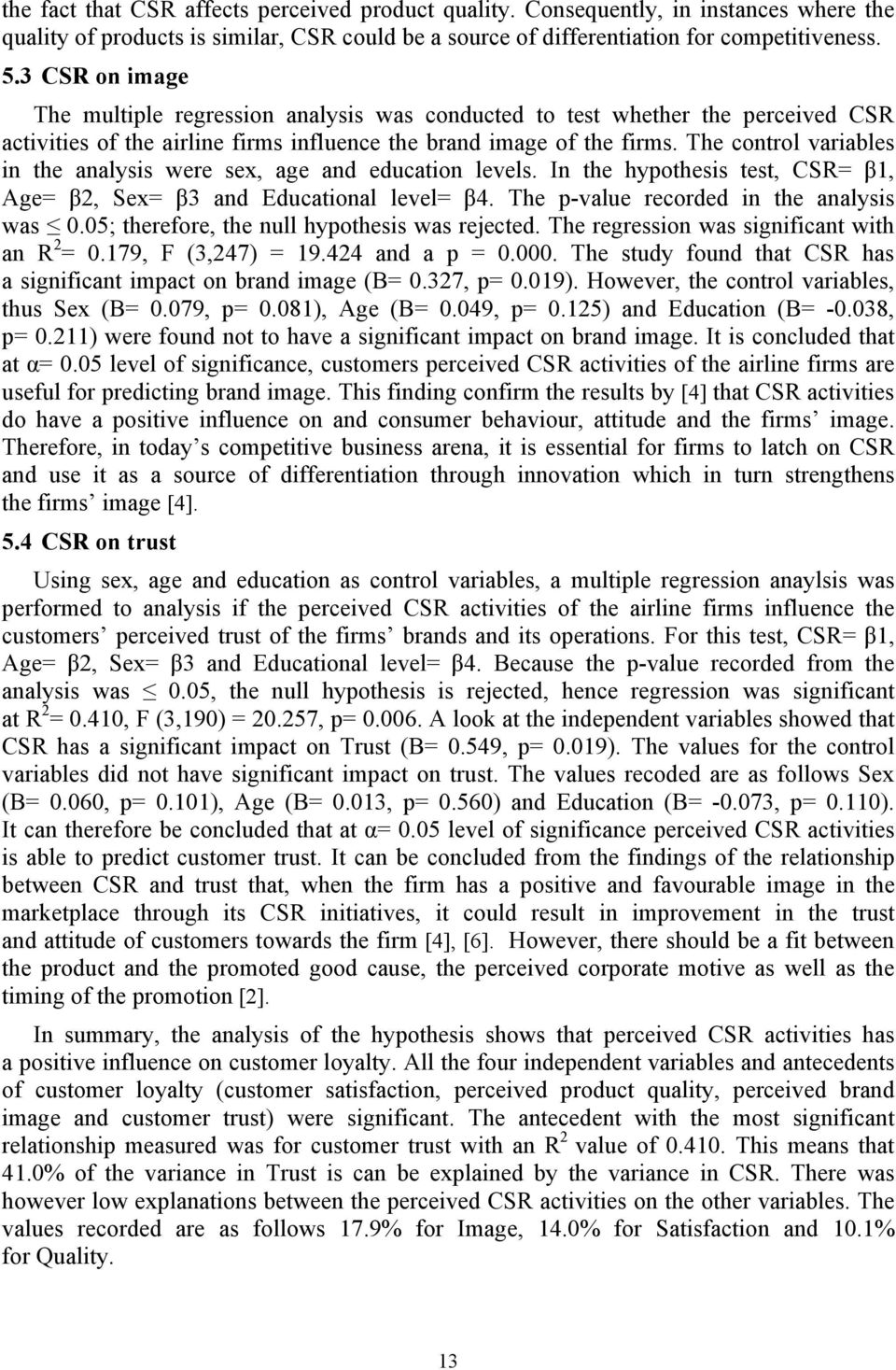 The control variables in the analysis were sex, age and education levels. In the hypothesis test, CSR= β1, Age= β2, Sex= β3 and Educational level= β4. The p-value recorded in the analysis was 0.