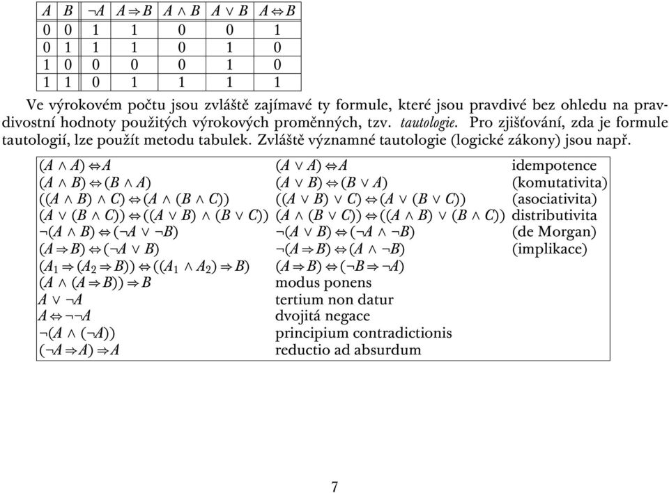 (A A) A (A A) A idempotence (A B) (B A) (A B) (B A) (komutativita) ((A B) C) (A (B C)) ((A B) C) (A (B C)) (asociativita) (A (B C)) ((A B) (B C)) (A (B C)) ((A B) (B C)) distributivita (A B) ( A B)