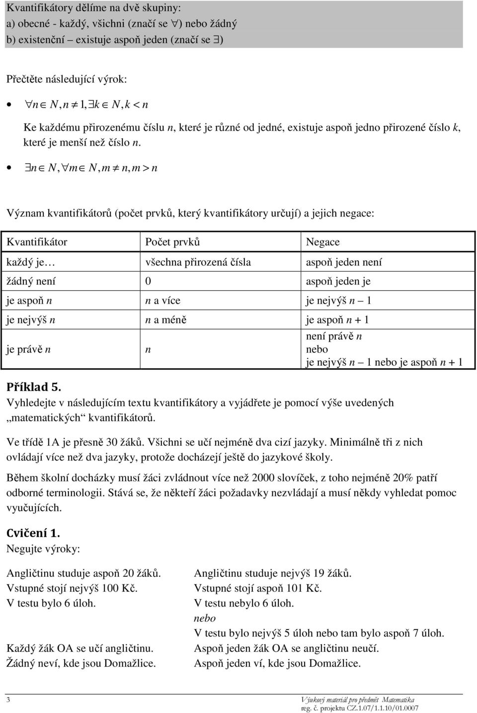 n N, m N, m n, m > n Význam kvantifikátorů (počet prvků, který kvantifikátory určují) a jejich negace: Kvantifikátor Počet prvků Negace každý je všechna přirozená čísla aspoň jeden není žádný není 0