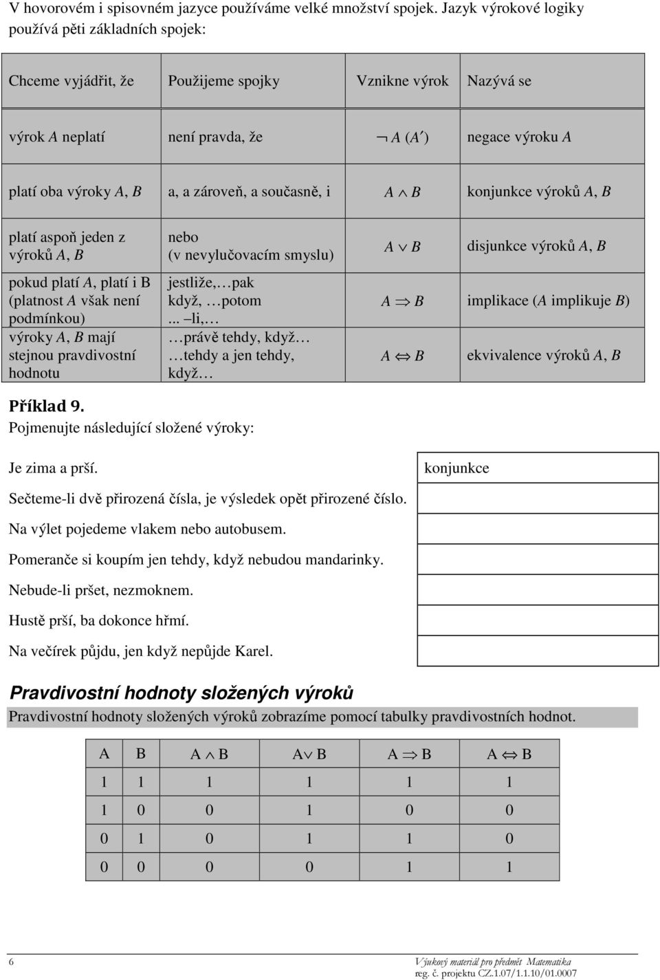 zároveň, a současně, i A B konjunkce výroků A, B platí aspoň jeden z výroků A, B pokud platí A, platí i B (platnost A však není podmínkou) výroky A, B mají stejnou pravdivostní hodnotu nebo (v