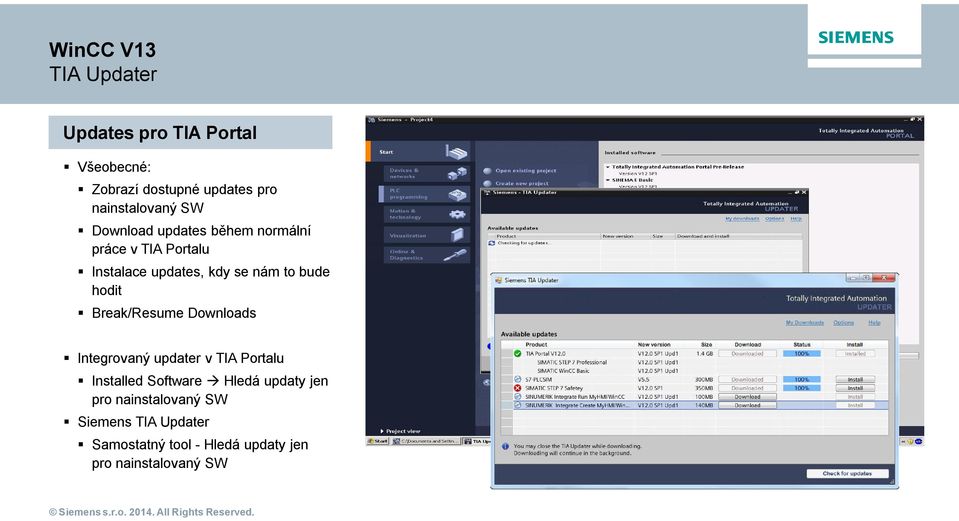 nám to bude hodit Break/Resume Downloads Integrovaný updater v TIA Portalu Installed Software