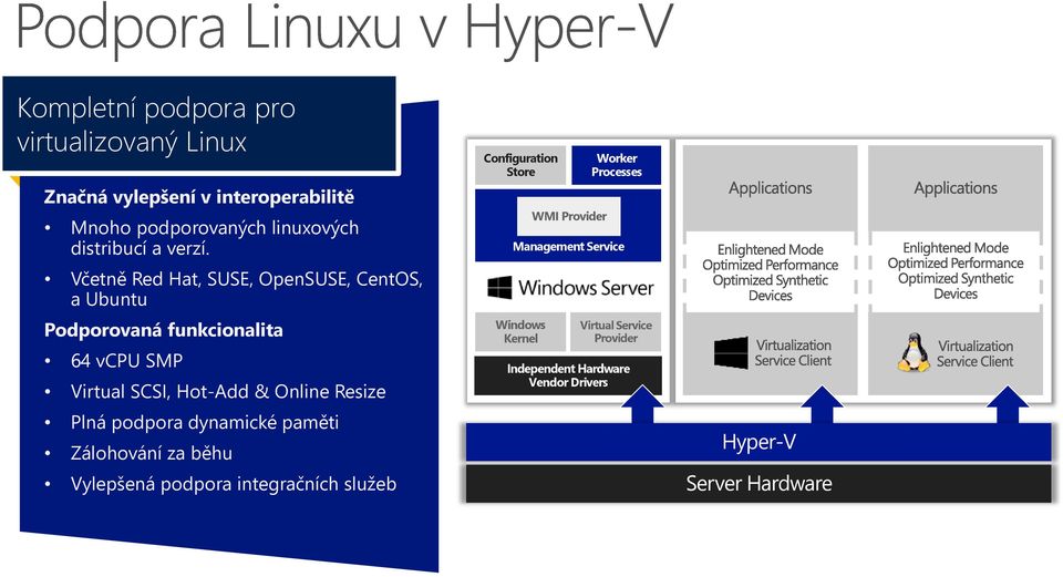 Včetně Red Hat, SUSE, OpenSUSE, CentOS, a Ubuntu Podporovaná funkcionalita 64 vcpu SMP Virtual SCSI, Hot-Add & Online Resize