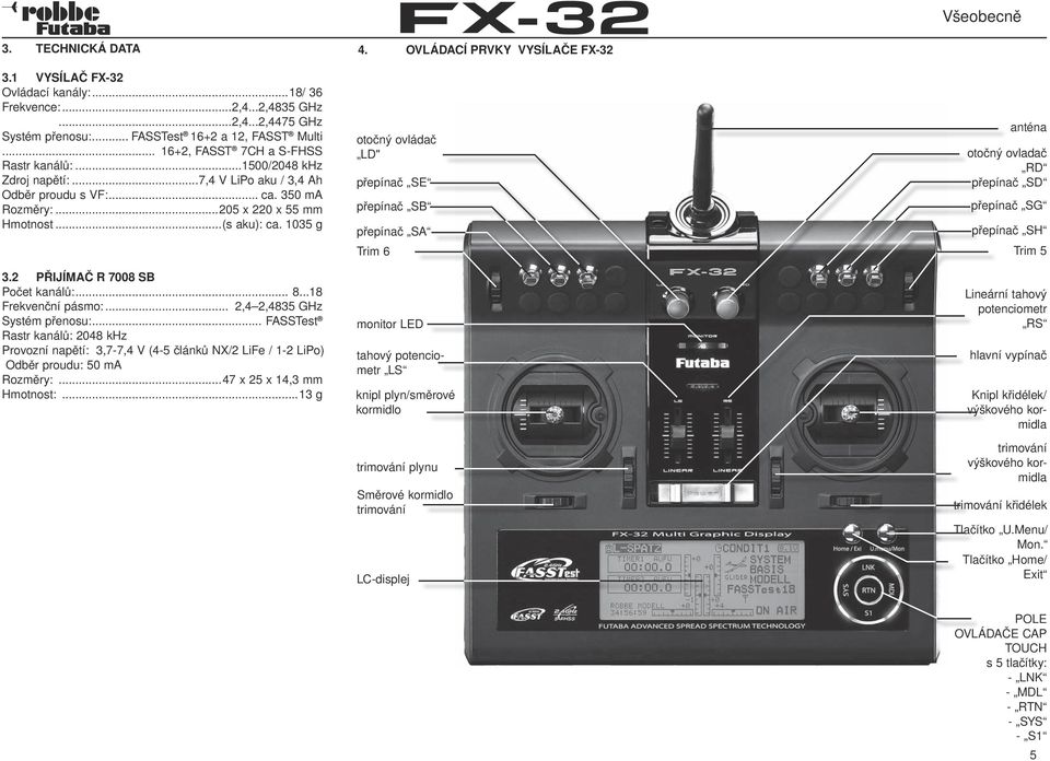 Ovládací prvky vysílače FX-32 otočný ovládač LD" přepínač SE přepínač SB anténa otočný ovladač RD přepínač SD přepínač SG přepínač SA přepínač SH Trim 6 Trim 5 3.2 Přijímač R 7008 SB Počet kanálů:... 8.