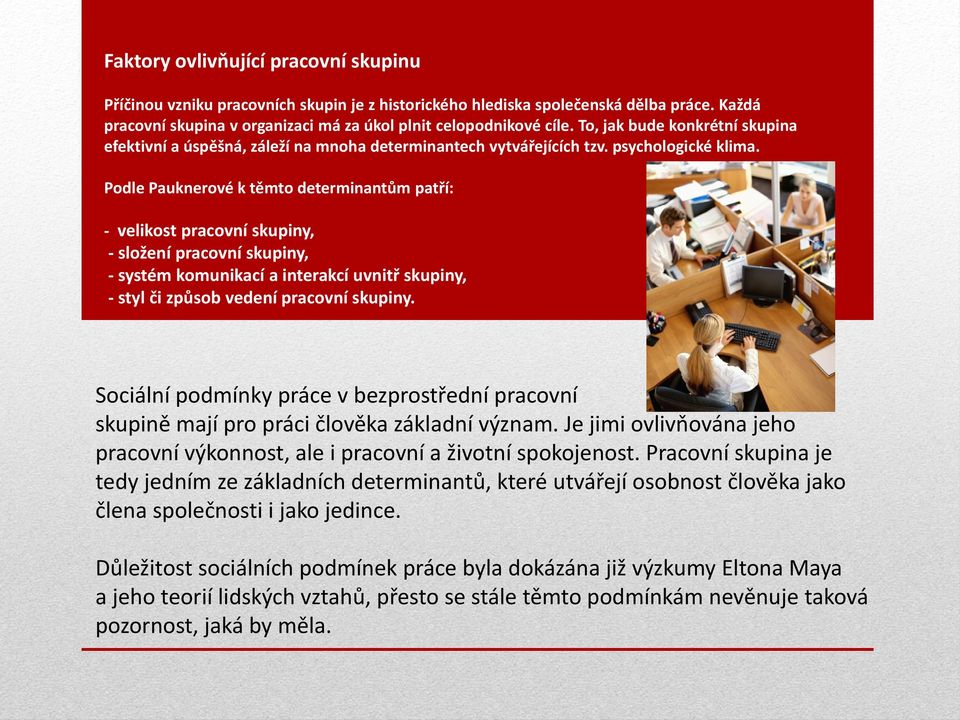 Podle Pauknerové k těmto determinantům patří: - velikost pracovní skupiny, - složení pracovní skupiny, - systém komunikací a interakcí uvnitř skupiny, - styl či způsob vedení pracovní skupiny.