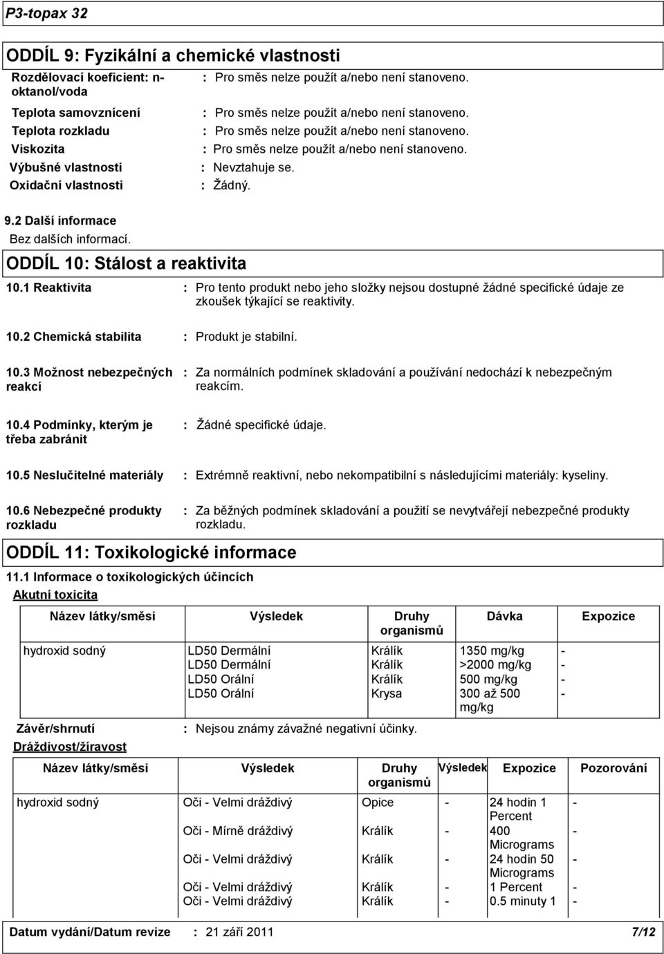 10.3 Možnost nebezpečných reakcí Za normálních podmínek skladování a používání nedochází k nebezpečným reakcím. 10.