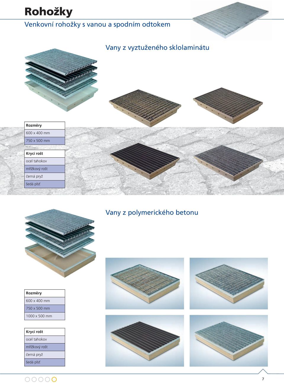 rošt černá pryž šedá plsť Vany z polymerického betonu 600 x 400 mm 750 x