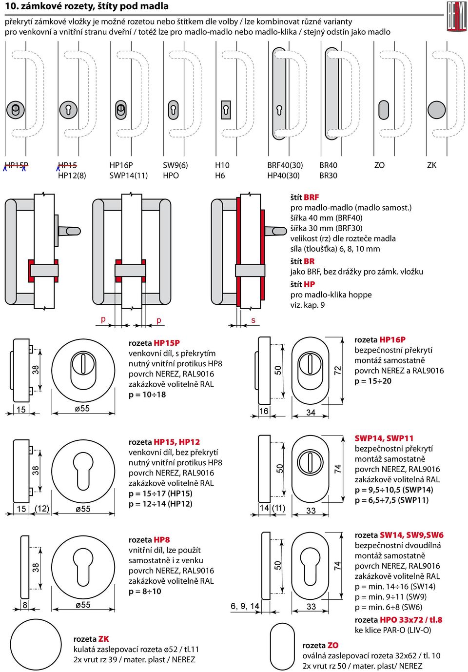 ) šířka 40 mm (BRF40) šířka 30 mm (BRF30) velikost () e rozteče maa síla (tloušťka) 6, 8, 10 mm štít BR jako BRF, bez drážky pro zámk. vložku štít HP pro mao-klika hoppe viz. kap.