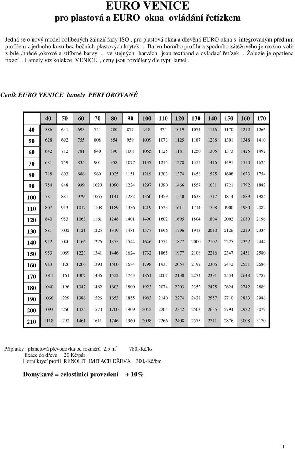 Barvu horního profilu a spodního zátěžového je možno volit z bílé,hnědé,okrové a stříbrné barvy, ve stejných barvách jsou textband a ovládací řetízek, Žaluzie je opatřena fixací.