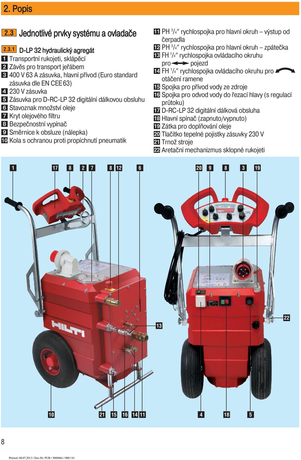 1 D-LP 32 hydraulický agregát Transportní rukojeti, sklápěcí Závěs pro transport jeřábem 400 V 63 A zásuvka, hlavní přívod (Euro standard zásuvka dle EN CEE 63) 230 V zásuvka Zásuvka pro D-RC-LP 32