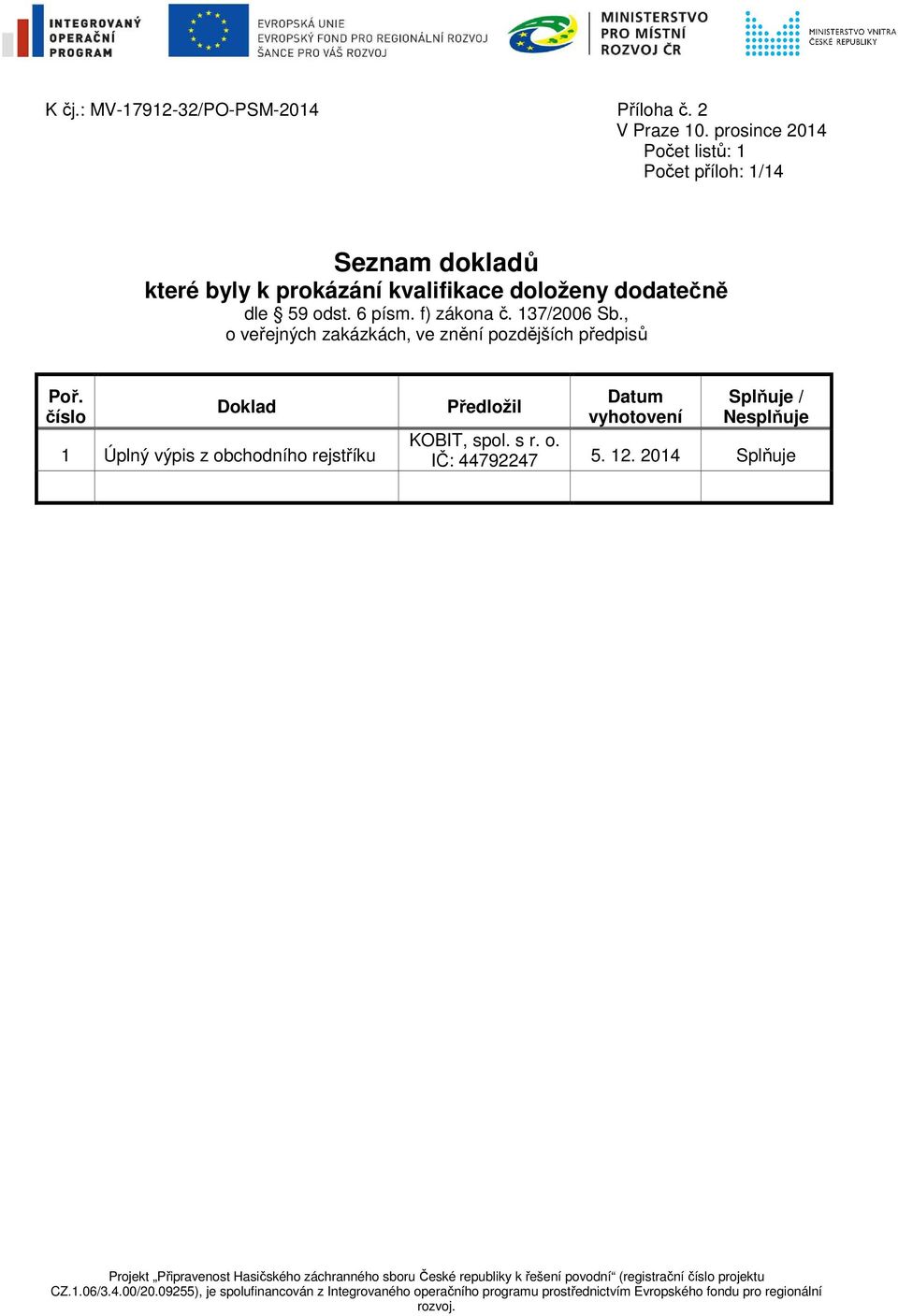 doloženy dodatečně dle 59 odst. 6 písm. f) zákona č. 137/2006 Sb.