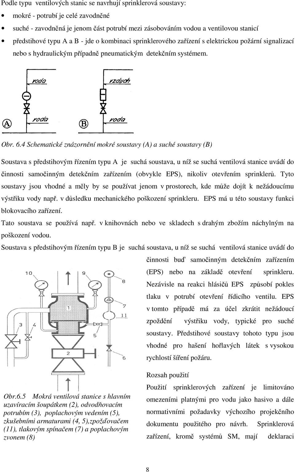 4 Schematické znázornění mokré soustavy (A) a suché soustavy (B) Soustava s předstihovým řízením typu A je suchá soustava, u níž se suchá ventilová stanice uvádí do činnosti samočinným detekčním