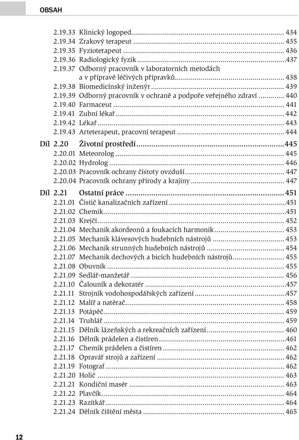 .. 444 Díl 2.20 Životní prostředí...445 2.20.01 Meteorolog... 445 2.20.02 Hydrolog... 446 2.20.03 Pracovník ochrany čistoty ovzduší... 447 2.20.04 Pracovník ochrany přírody a krajiny... 447 Díl 2.