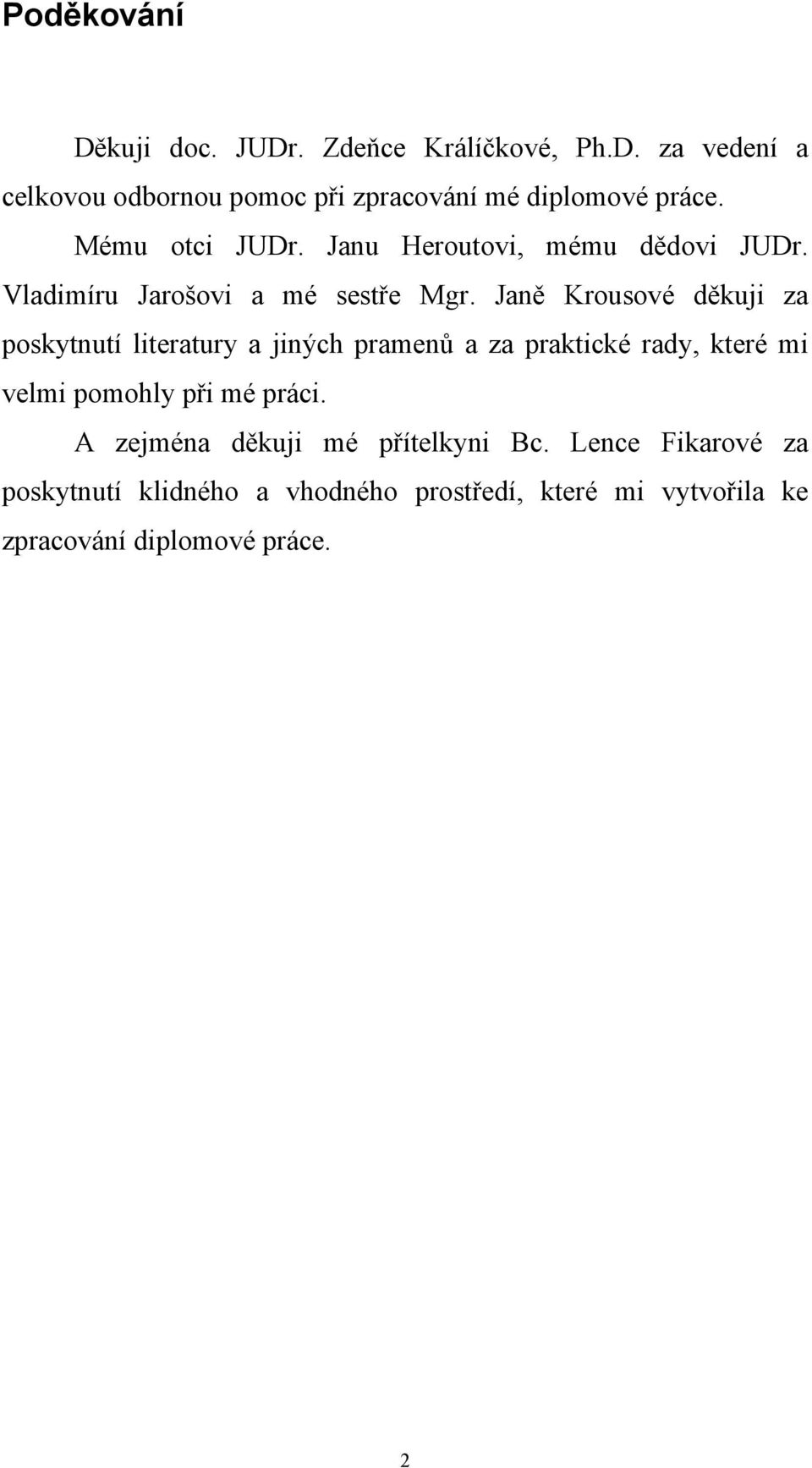 Janě Krousové děkuji za poskytnutí literatury a jiných pramenů a za praktické rady, které mi velmi pomohly při mé práci.