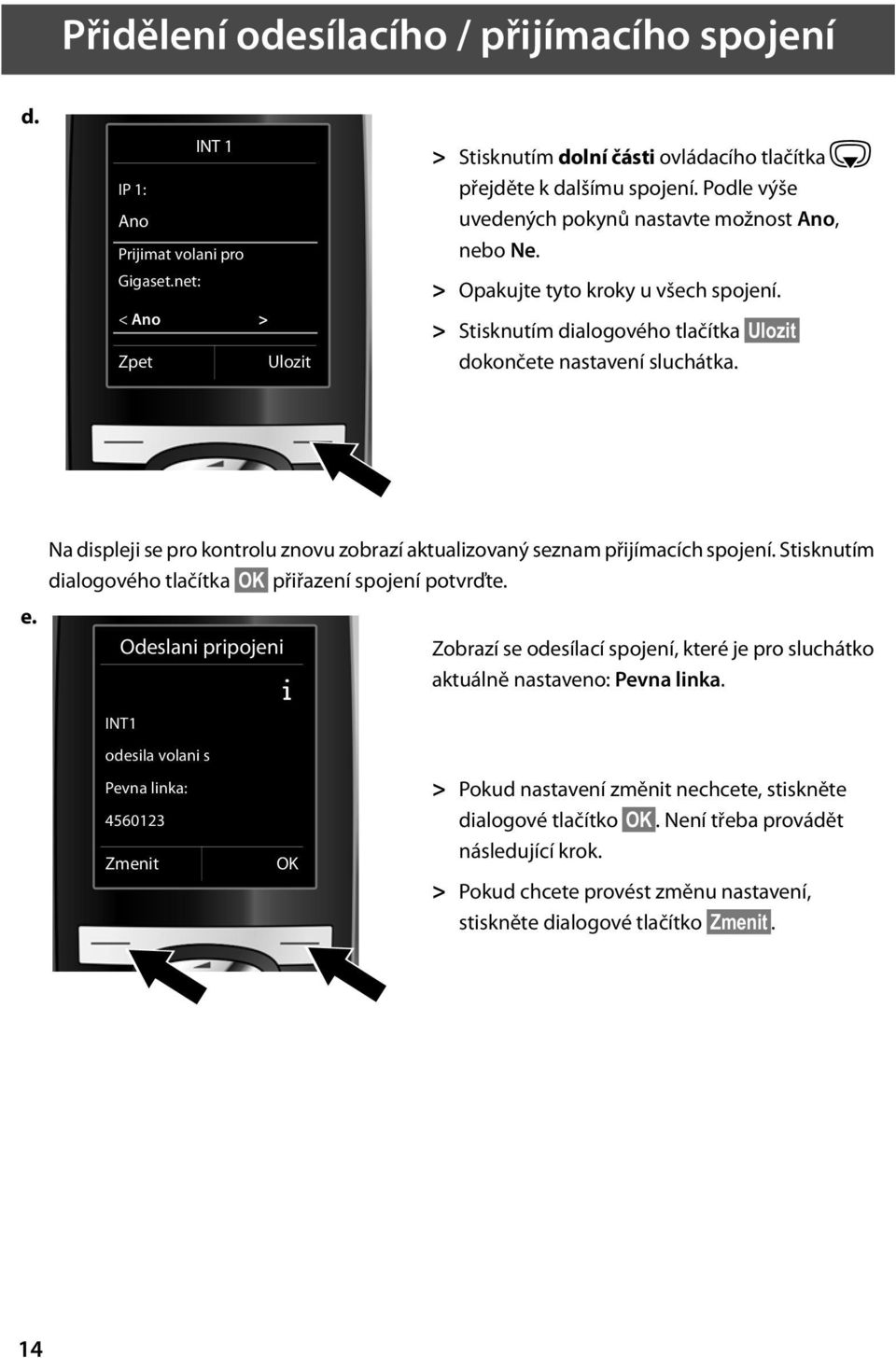 Na displeji se pro kontrolu znovu zobrazí aktualizovaný seznam přijímacích spojení. Stisknutím dialogového tlačítka OK přiřazení spojení potvrďte. e.