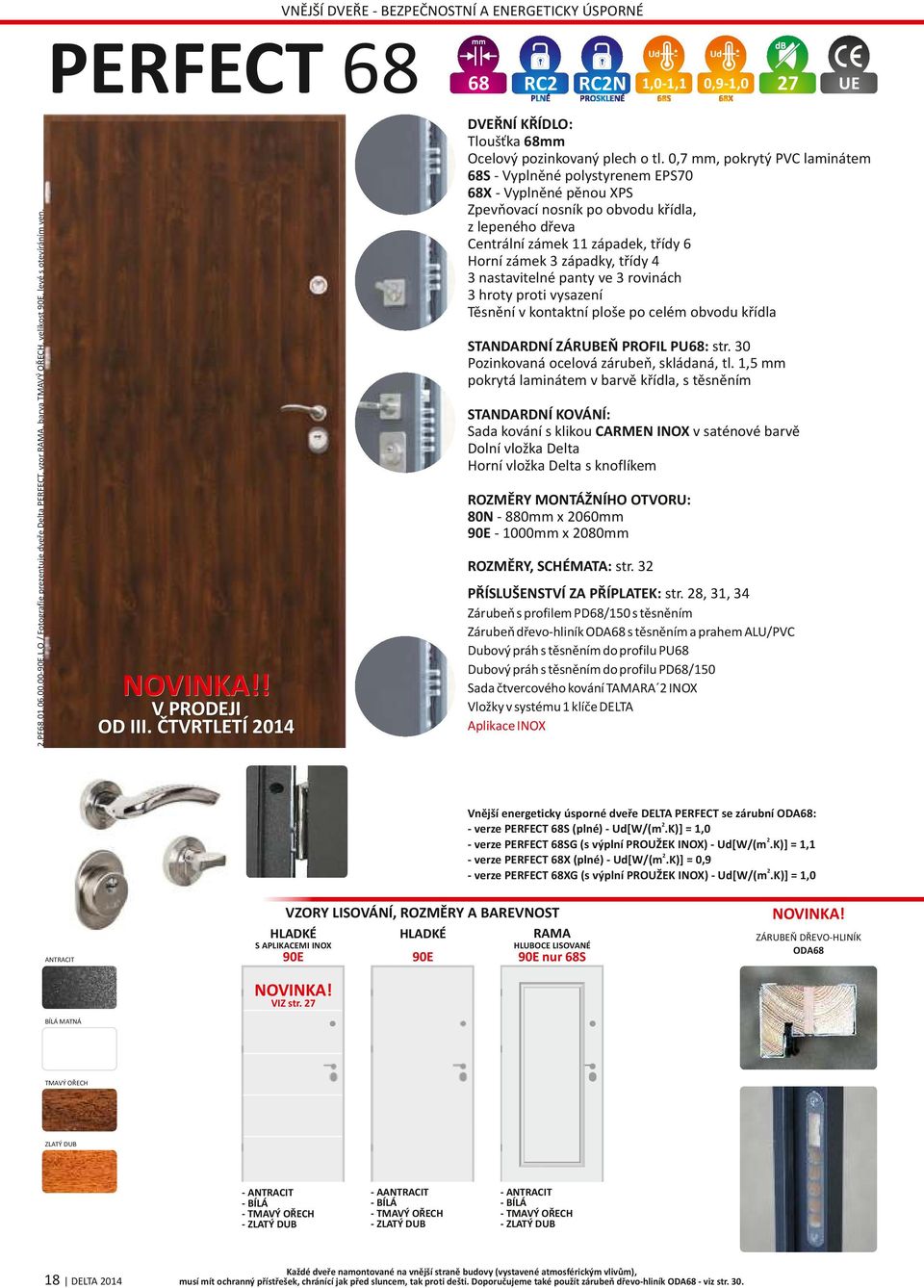 0,7 mm, pokrytý PVC laminátem 68S Vyplněné polystyrenem EPS70 68X Vyplněné pěnou XPS Zpevňovací nosník po obvodu křídla, z lepeného dřeva Centrální zámek 11 západek, třídy 6 Horní zámek 3 západky,