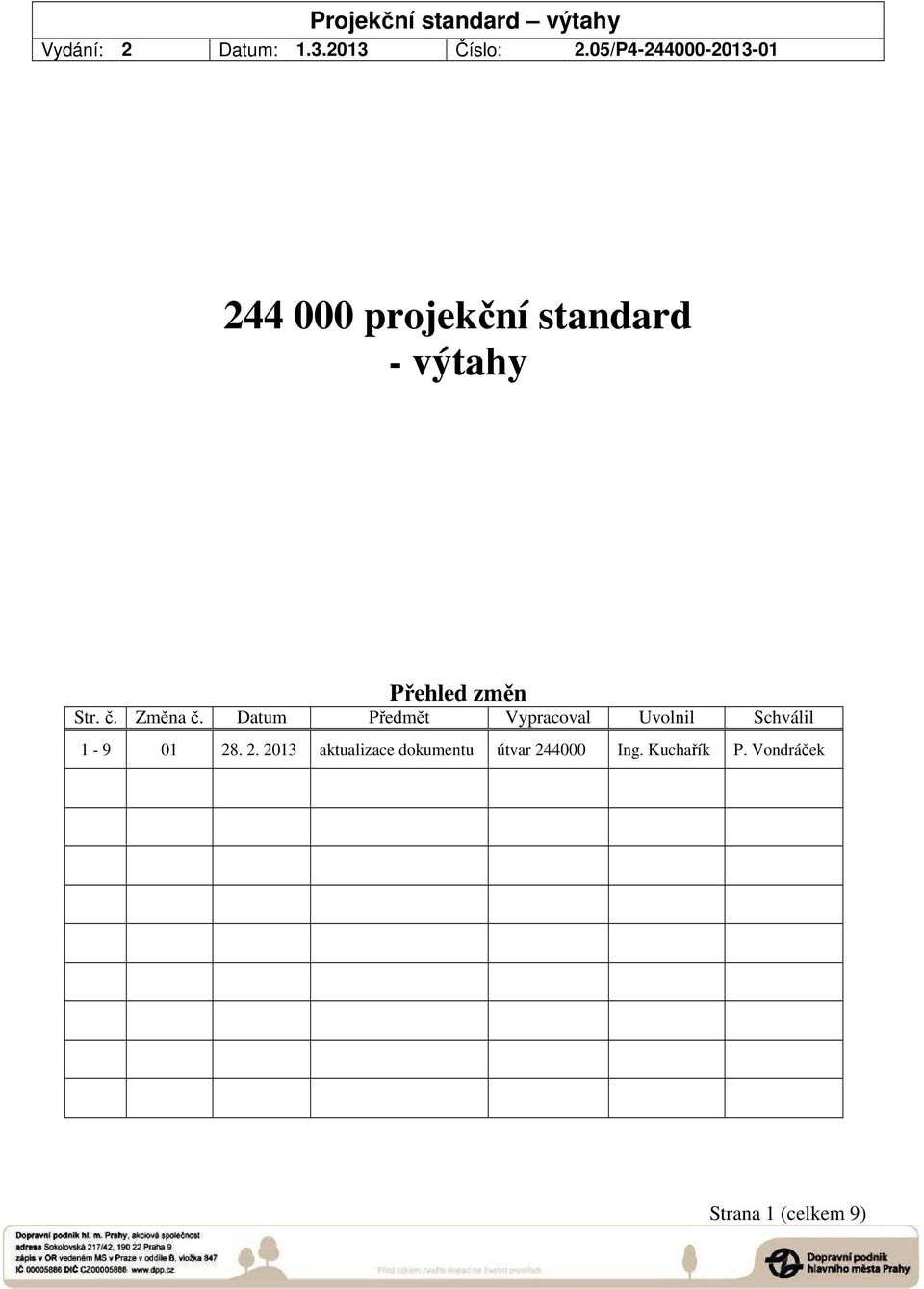 Str. č. Změna č. Datum Předmět Vypracoval Uvolnil Schválil 1-9 01 28