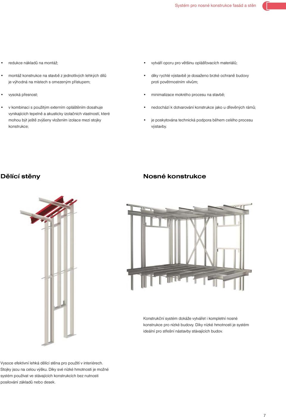opláštěním dosahuje vynikajících tepelně a akusticky izolačních vlastností, které mohou být ještě zvýšeny vložením izolace mezi stojky konstrukce; nedochází k dotvarování konstrukce jako u dřevěných