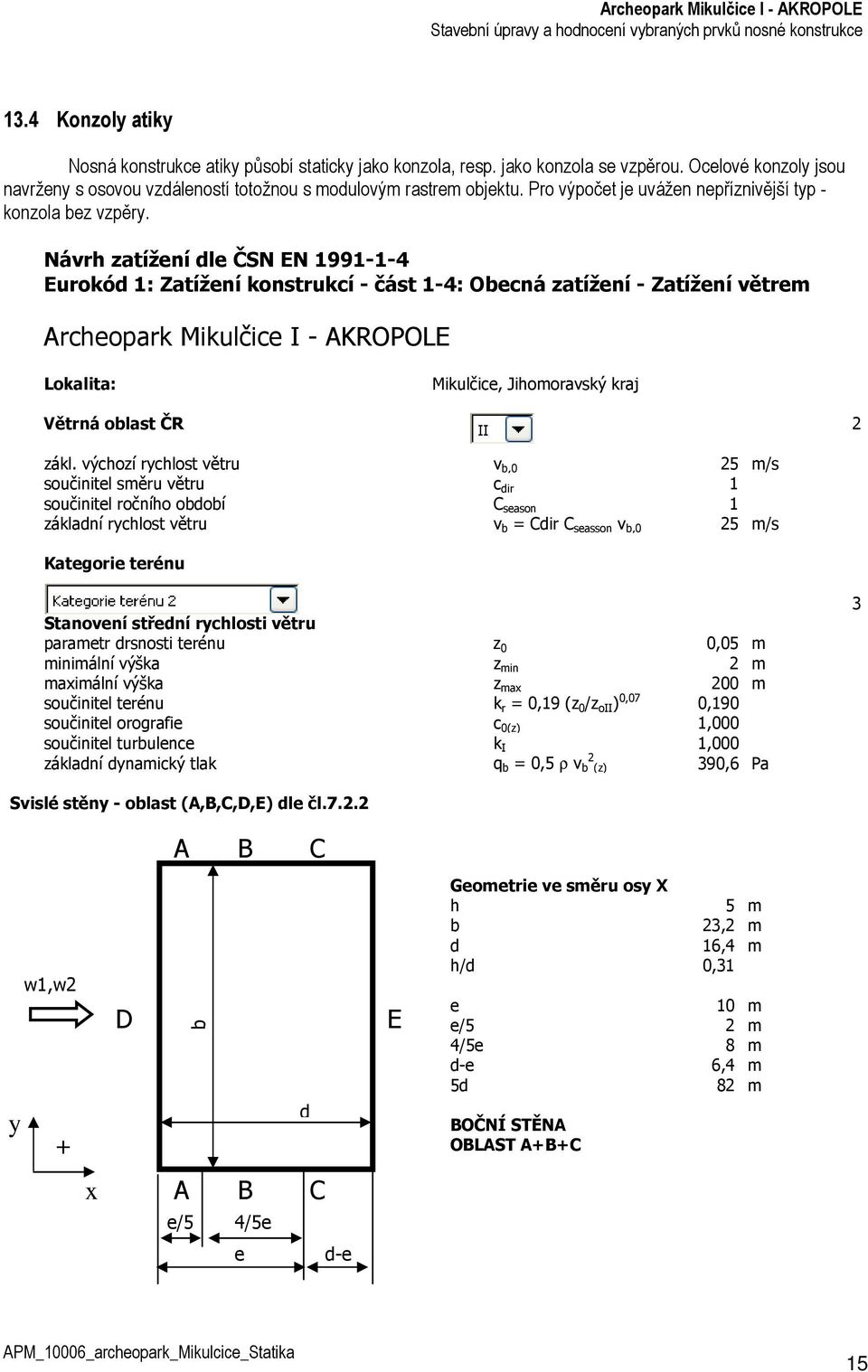 Návrh zatížení dle ČSN EN 1991-1-4 Eurokód 1: Zatížení konstrukcí - část 1-4: Obecná zatížení - Zatížení větrem Archeopark Mikulčice I - AKROPOLE Lokalita: Mikulčice, Jihomoravský kraj Větrná oblast