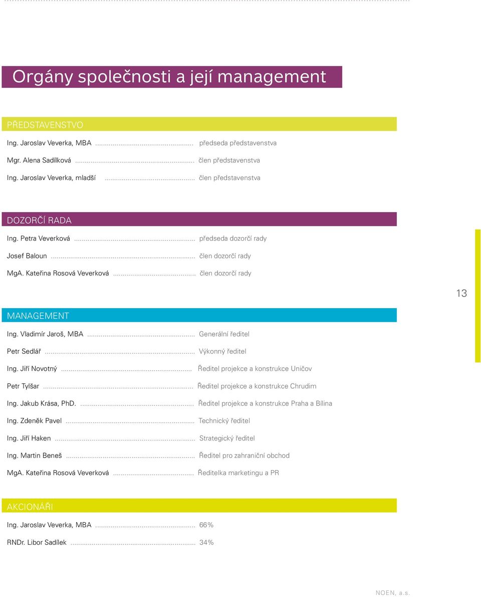 Vladimír Jaroš, MBA... Generální ředitel Petr Sedlář... Výkonný ředitel Ing. Jiří Novotný... Ředitel projekce a konstrukce Uničov Petr Tylšar... Ředitel projekce a konstrukce Chrudim Ing.