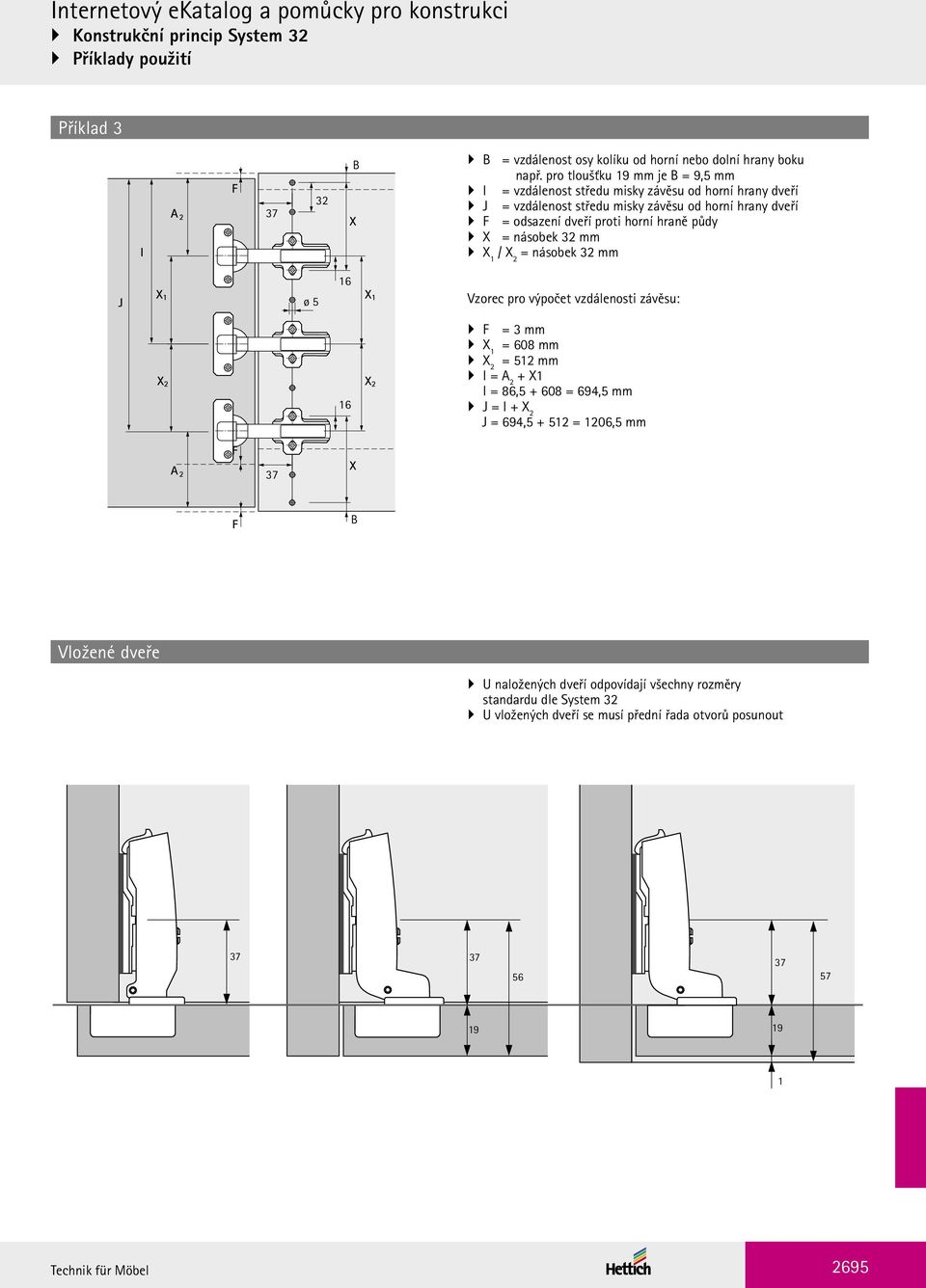 násobek mm X 1 / X 2 = násobek mm J X 1 ø 5 16 X 1 Vzorec pro výpočet vzdálenosti závěsu: X 2 16 X 2 F = 3 mm X 1 = 608 mm X 2 = 512 mm I = A 2 + X1 I = 86,5 + 608 = 694,5 mm J = I + X 2 J =