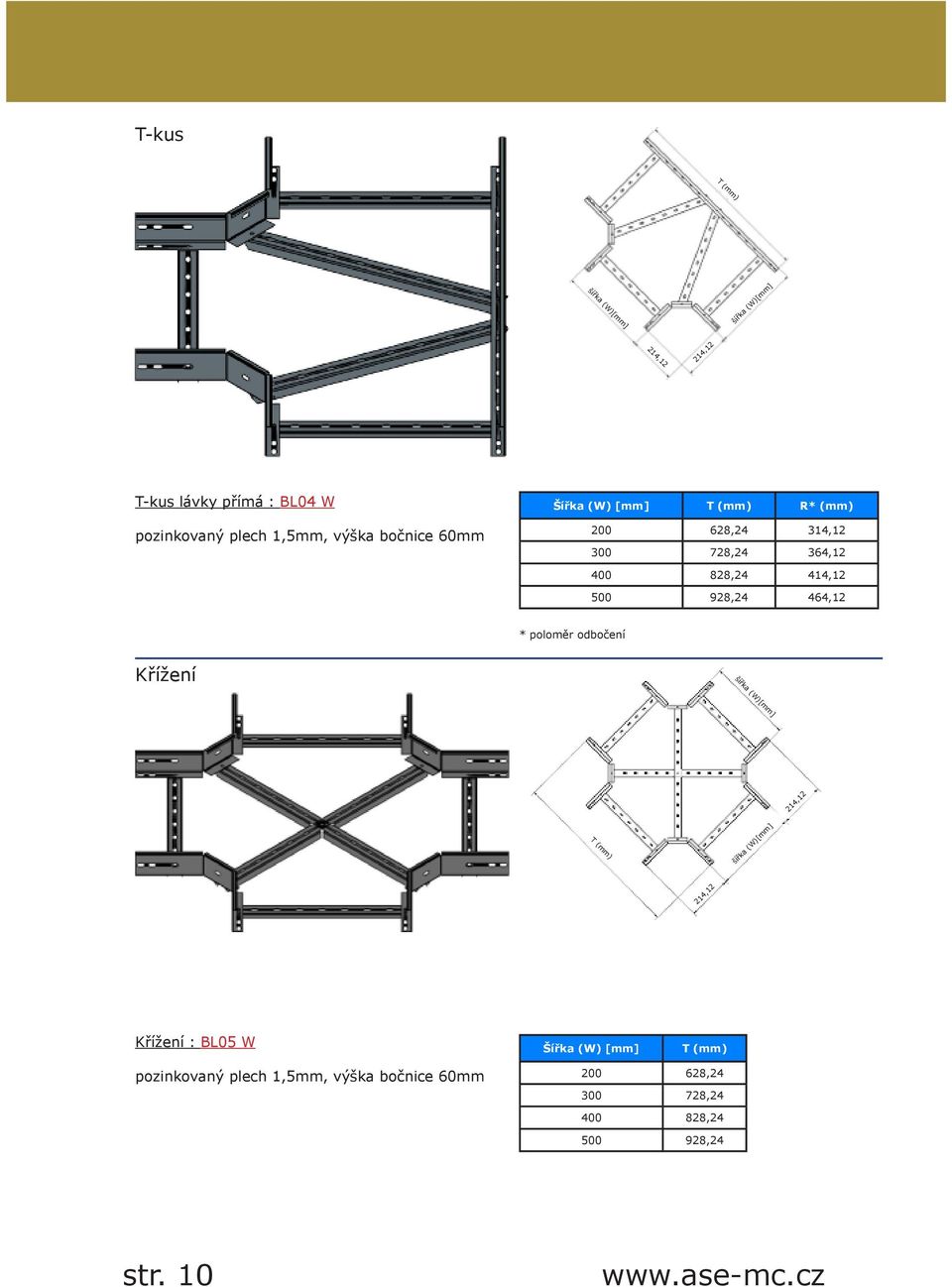 500 928,24 464,12 * poloměr odbočení Křížení šířka (W)[mm] T (mm) 214,12 šířka (W)[mm] 214,12 Křížení : BL05 W