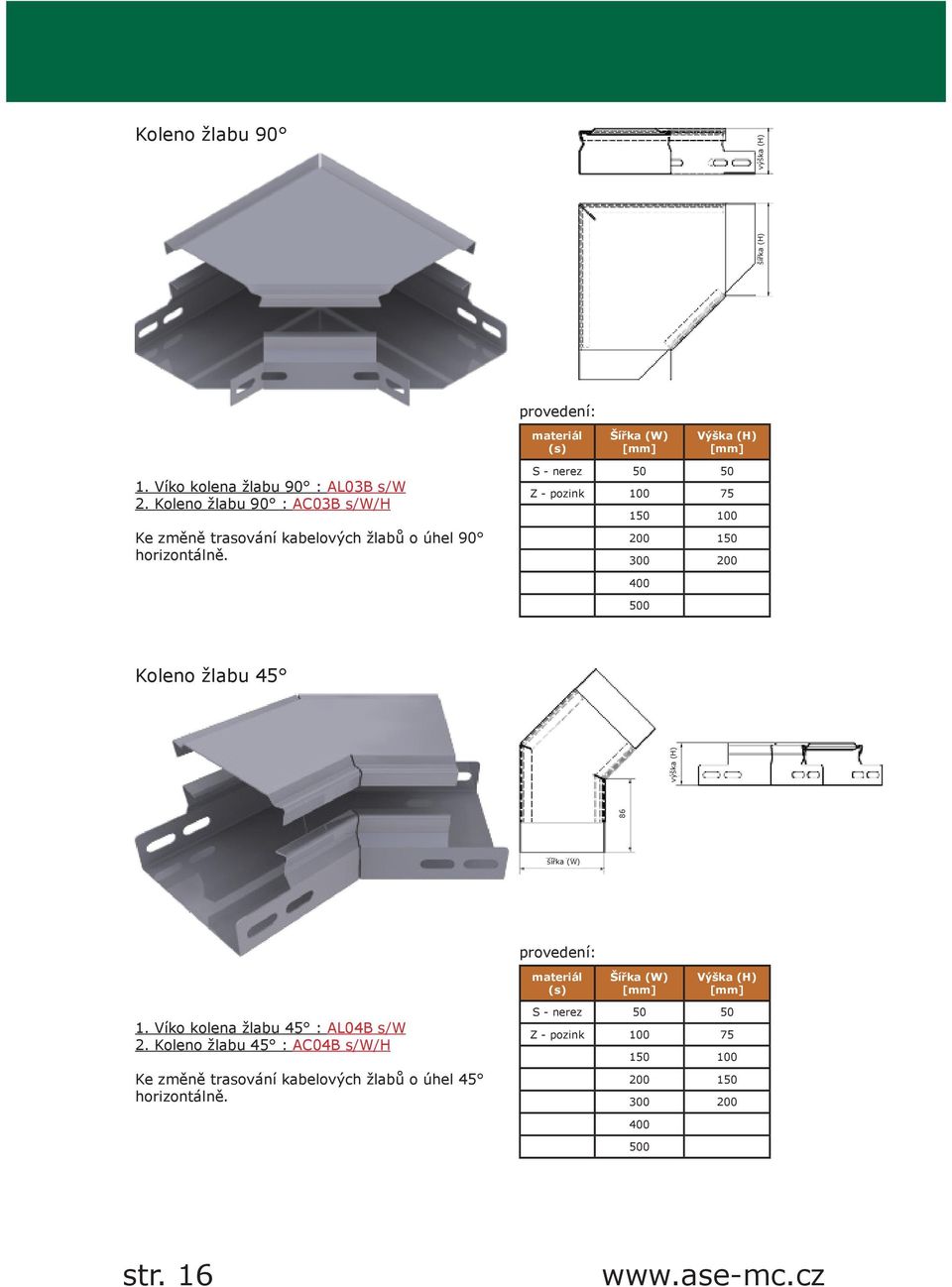 S - nerez 50 50 Z - pozink 100 75 150 100 200 150 300 200 400 500 Koleno žlabu 45 86 výška (H) šířka (H) šířka (W) provedení: materiál (s) Šířka
