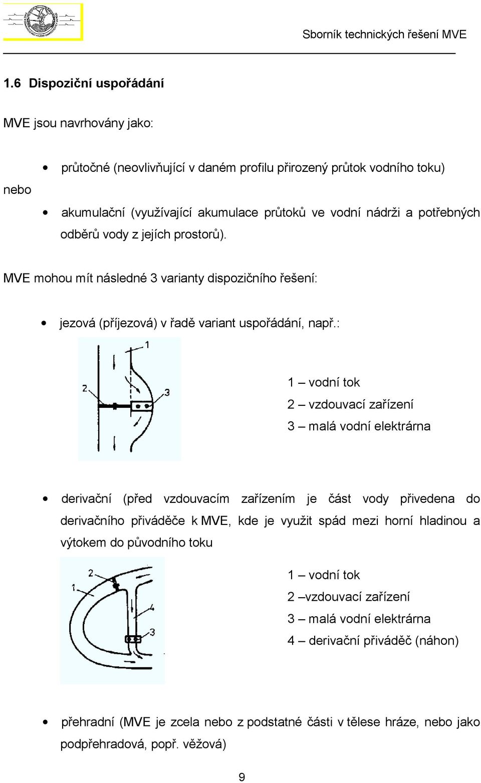 : 1 vodní tok 2 vzdouvací zařízení 3 malá vodní elektrárna derivační (před vzdouvacím zařízením je část vody přivedena do derivačního přiváděče k MVE, kde je využit spád mezi horní