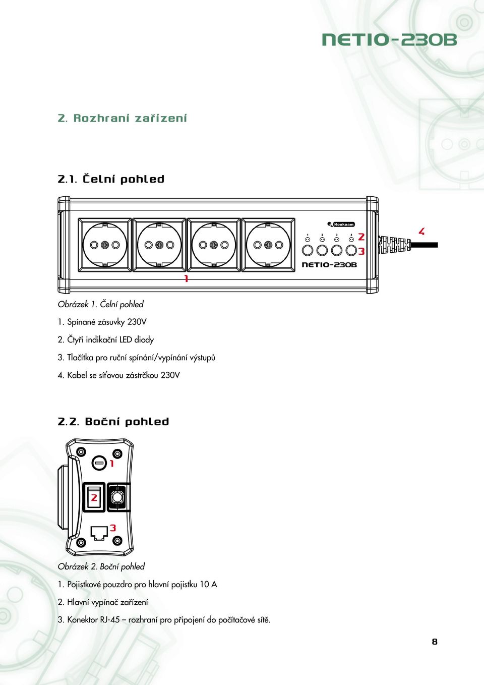 Kabel se síťovou zástrčkou 230V 2.2. Boční pohled Obrázek 2. Boční pohled 1.