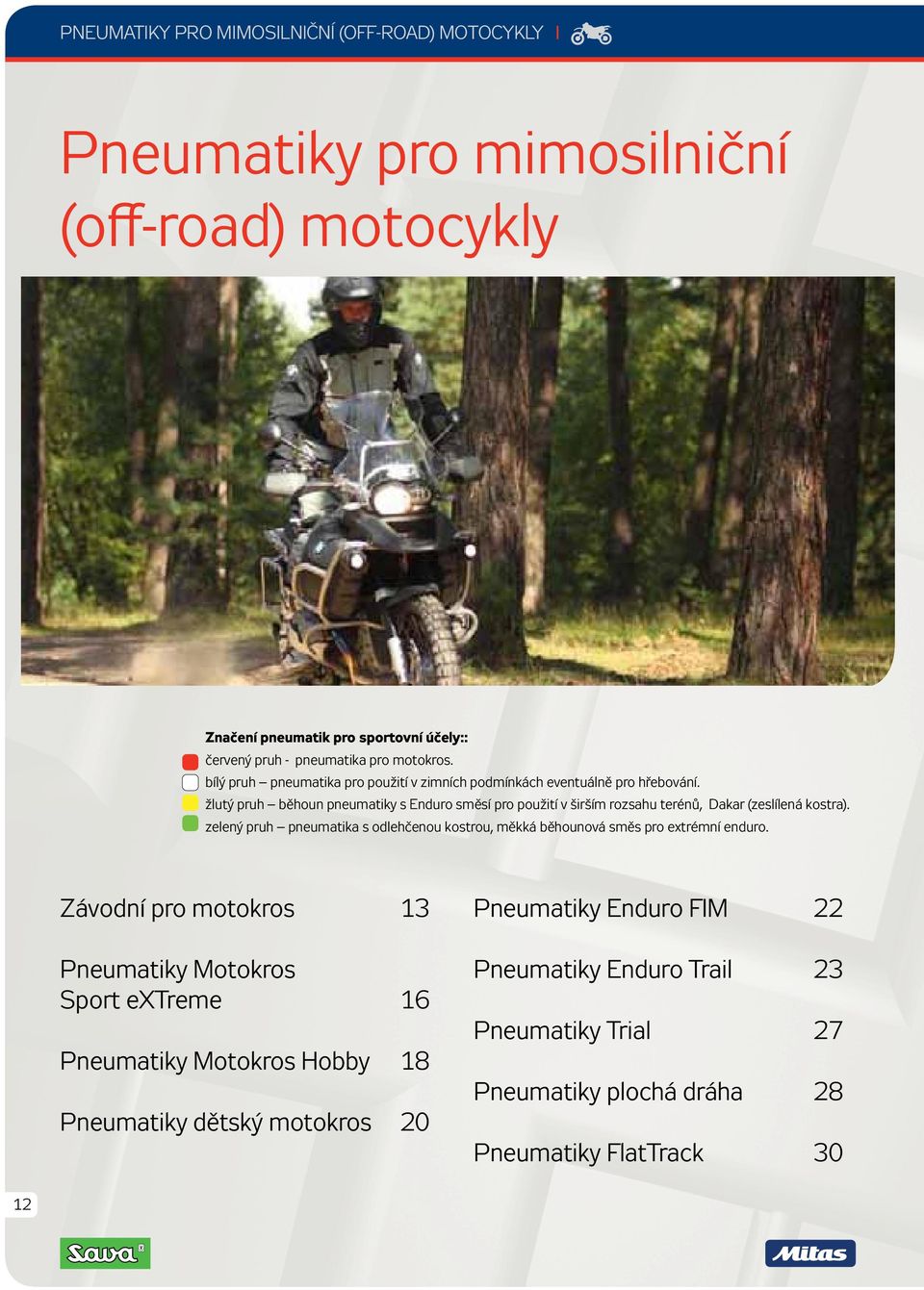 žlutý pruh běhoun pneumatiky s Enduro směsí pro použití v širším rozsahu terénů, Dakar (zeslílená kostra).