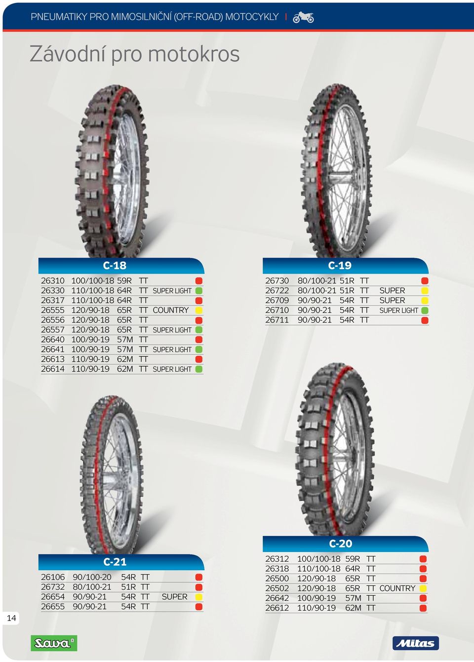 80/100-21 51R TT 26722 80/100-21 51R TT SUPER 26709 90/90-21 54R TT SUPER 26710 90/90-21 54R TT SUPER LIGHT 26711 90/90-21 54R TT 14 C-21 26106 90/100-20 54R TT 26732 80/100-21 51R TT 26654