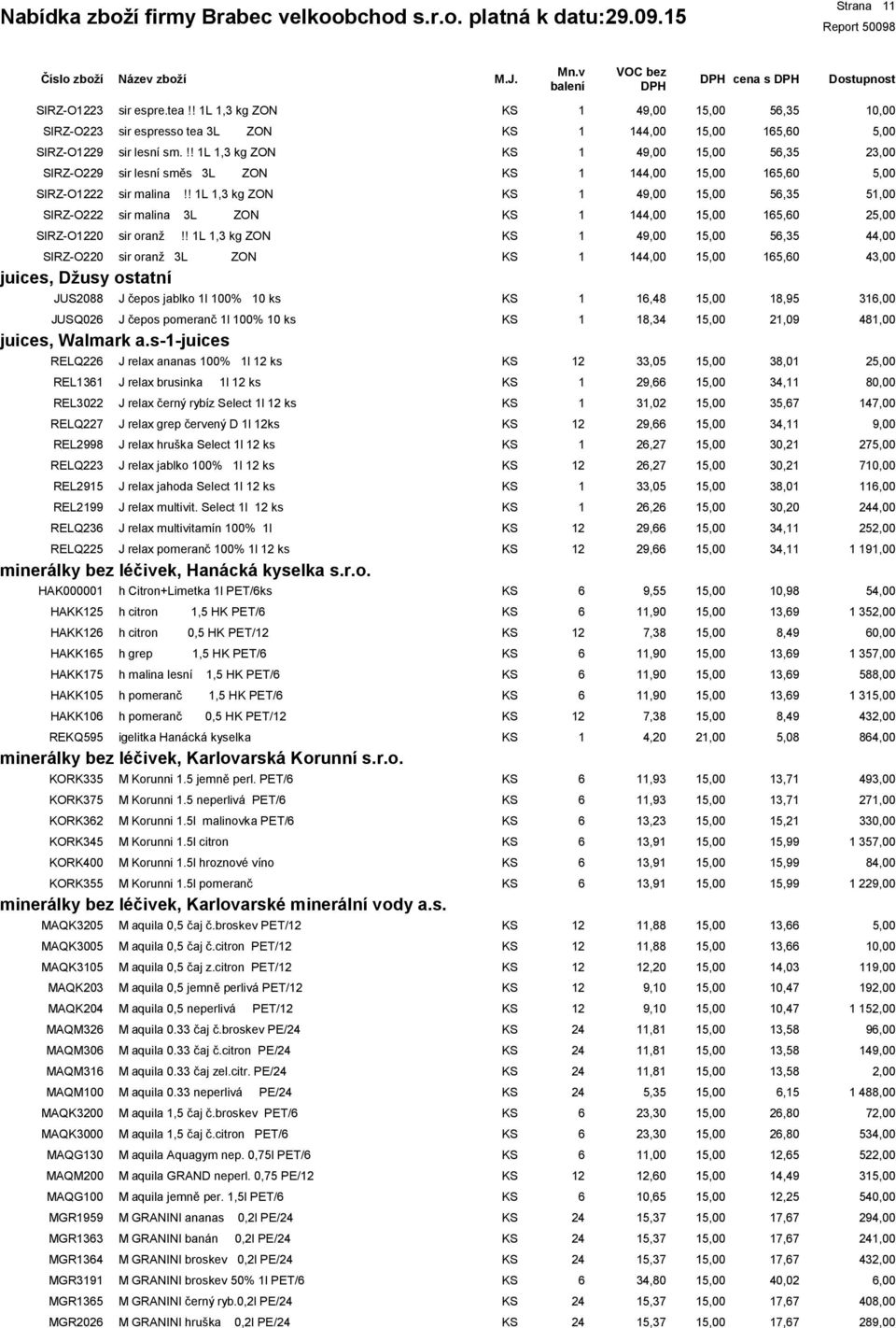 ! L,3 kg ZON 4 5,35 4 SIRZ-O2 sir oranž 3L ZON juices, Džusy ostatní JUS J čepos jablko l 00% 0 ks 4,4 5,0,95 4 JUSQ02 J čepos pomeranč l 00% 0 ks juices, Walmark a.