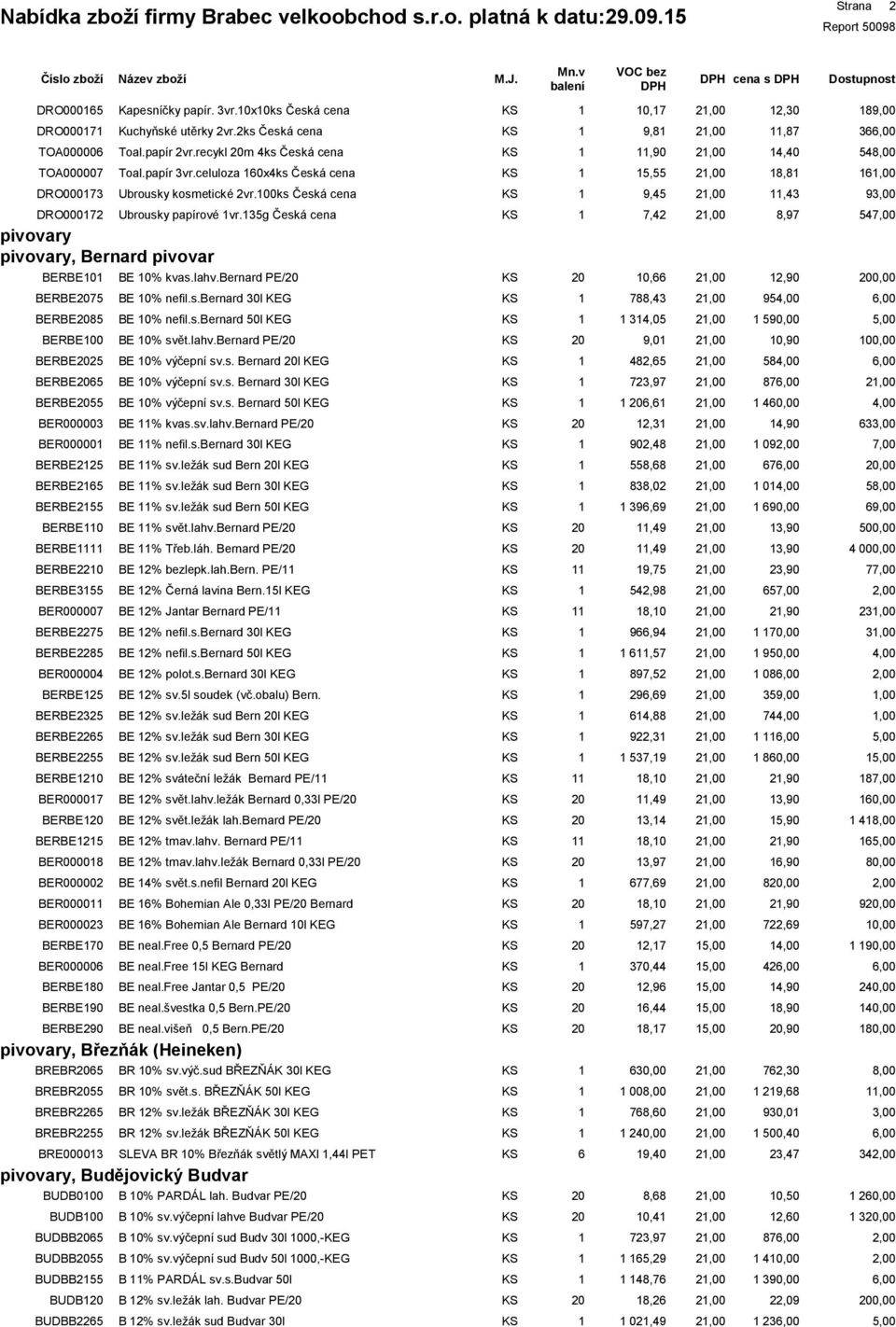 00ks Česká cena 9,45,43 9 DRO00072 pivovary pivovary, Bernard pivovar BERBE0 Ubrousky papírové vr.35g Česká cena BE 0% kvas.lahv.bernard PE/ 7,42 0,,97 2,90 54 0,00 BERBE75 BE 0% nefil.s.bernard 30l KEG 7,43 95,00 BERBE5 BE 0% nefil.