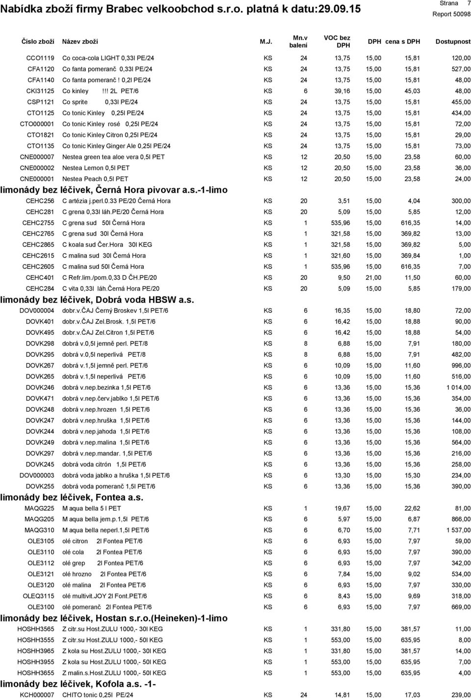 !! 2L PET/ 39, 45,03 4 CSP2 Co sprite 0,33l PE/ 3,75 5, 45 CTO25 Co tonic Kinley 0,25l PE/ 3,75 5, 43 CTO00000 Co tonic Kinley rosé 0,25l PE/ 3,75 5, 7 CTO2 Co tonic Kinley Citron 0,25l PE/ 3,75 5, 2