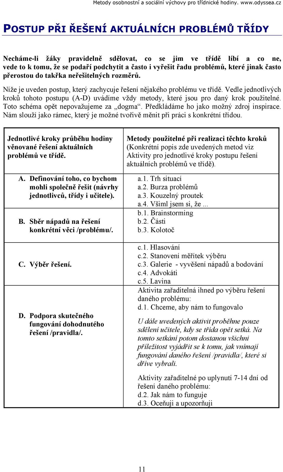 Vedle jednotlivých kroků tohoto postupu (A-D) uvádíme vždy metody, které jsou pro daný krok použitelné. Toto schéma opět nepovažujeme za dogma. Předkládáme ho jako možný zdroj inspirace.