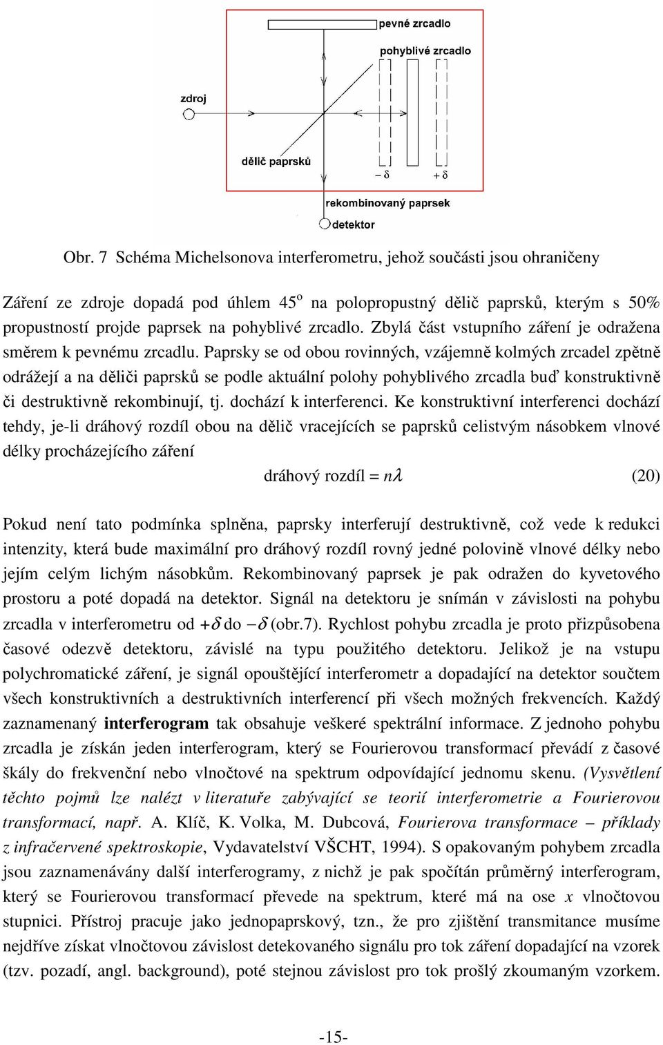 Paprsky se od obou rovinných, vzájemně kolmých zrcadel zpětně odrážejí a na děliči paprsků se podle aktuální polohy pohyblivého zrcadla buď konstruktivně či destruktivně rekombinují, tj.