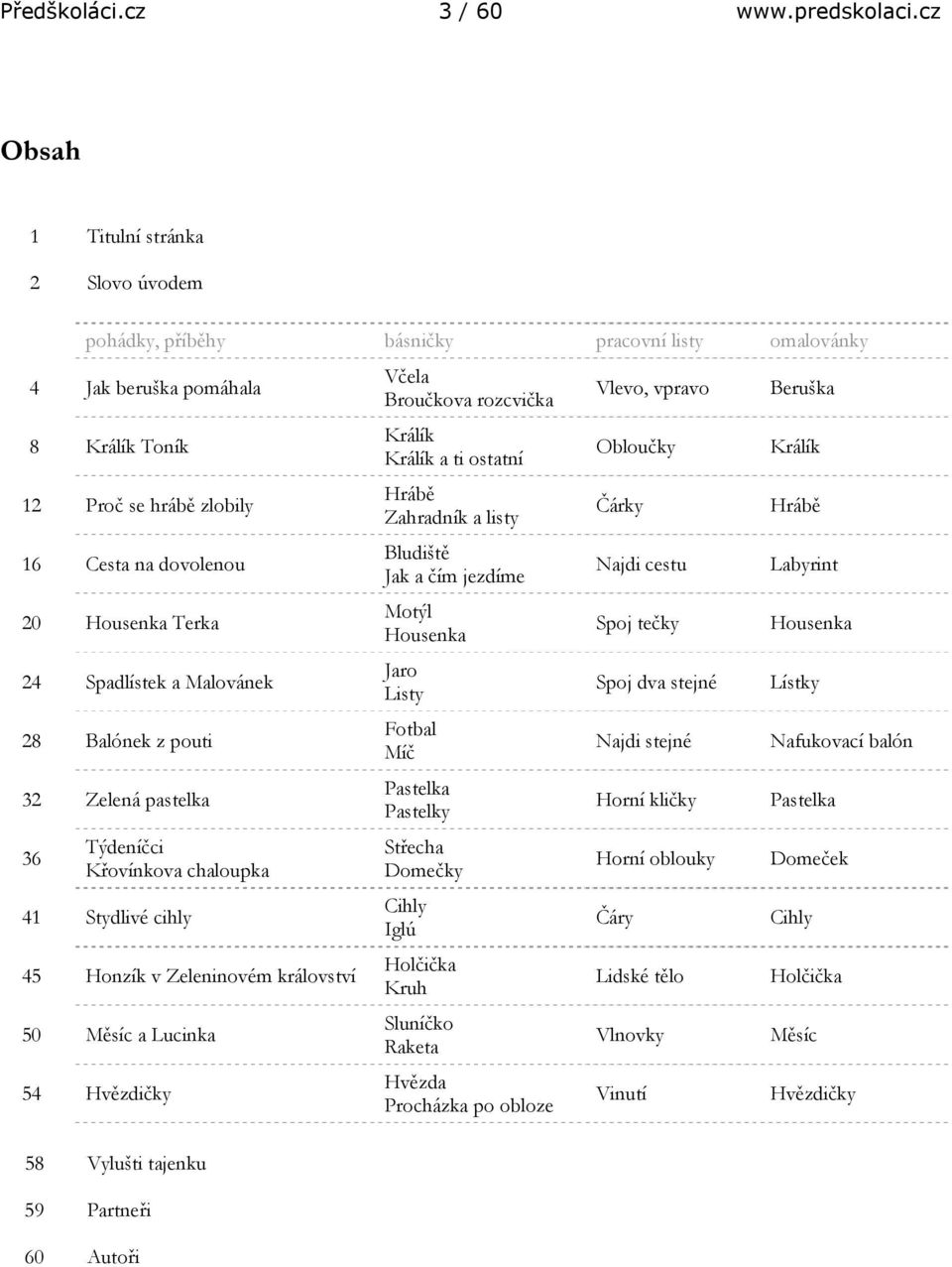 24 Spadlístek a Malovánek 28 Balónek z pouti 32 Zelená pastelka 36 Týdeníčci Křovínkova chaloupka 41 Stydlivé cihly 45 Honzík v Zeleninovém království 50 Měsíc a Lucinka 54 Hvězdičky 58 Vylušti