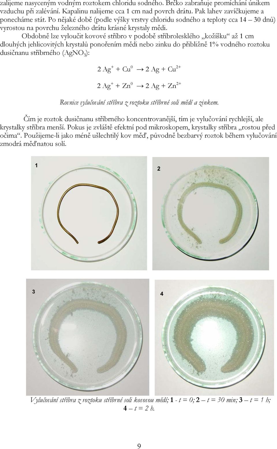 bdobně lze vyloučit kovové stříbro v podobě stříbrolesklého kožíšku až 1 cm dlouhých jehlicovitých krystalů ponořením mědi nebo zinku do přibližně 1% vodného roztoku dusičnanu stříbrného (AgN 3 ): 2
