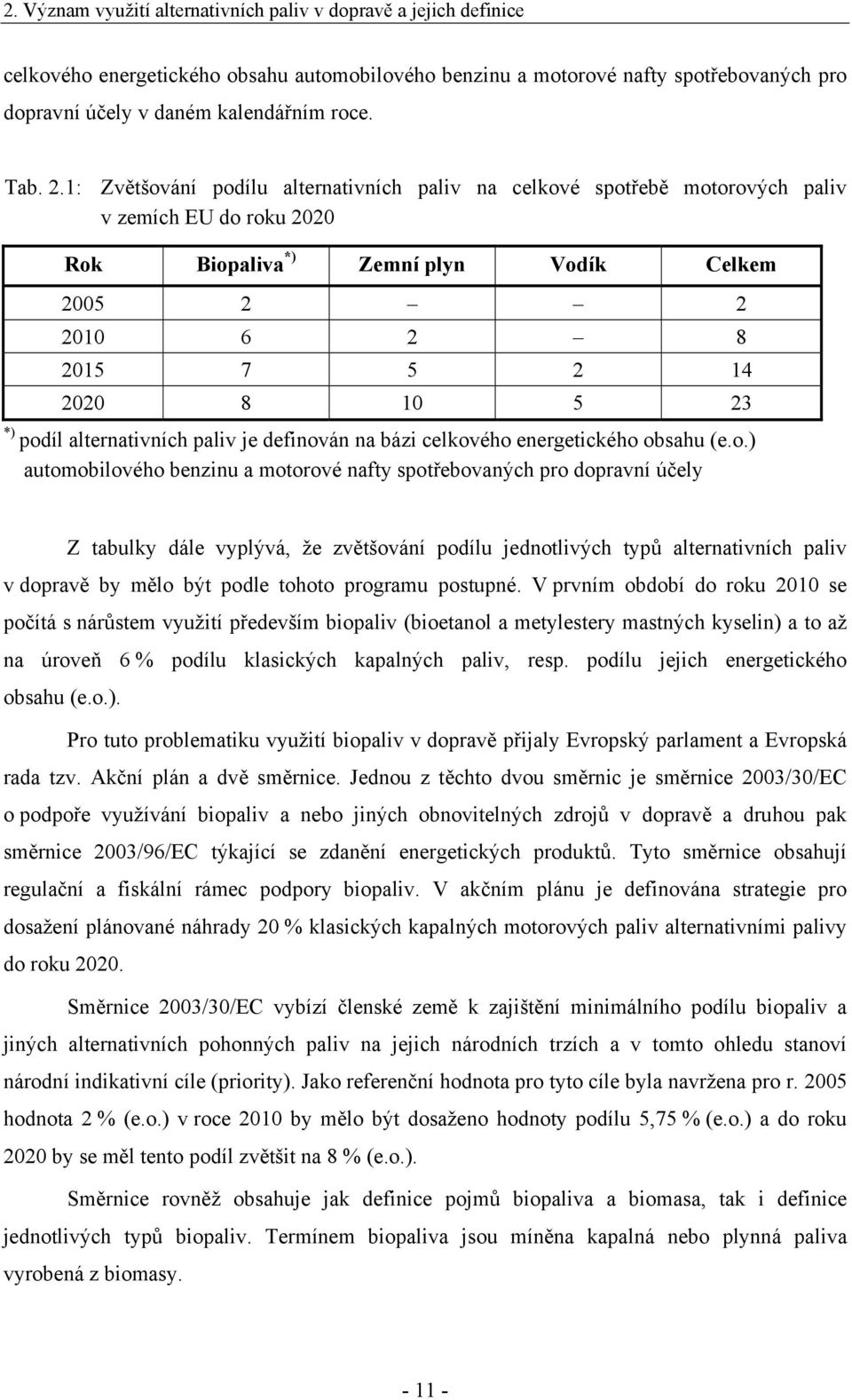 1: Zvětšování podílu alternativních paliv na celkové spotřebě motorových paliv v zemích EU do roku 2020 Rok Biopaliva *) Zemní plyn Vodík Celkem 2005 2 2 2010 6 2 8 2015 7 5 2 14 2020 8 10 5 23 *)