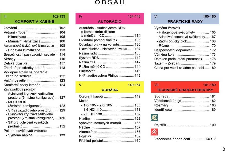 .. 123 Komfortní prvky interiéru... 124 Zavazadlový prostor - Svinovací kryt zavazadlového prostoru (5místná konfigurace)...127 - MODUBOX (5místná konfigurace)...128 - Síť zavazadlového prostoru.