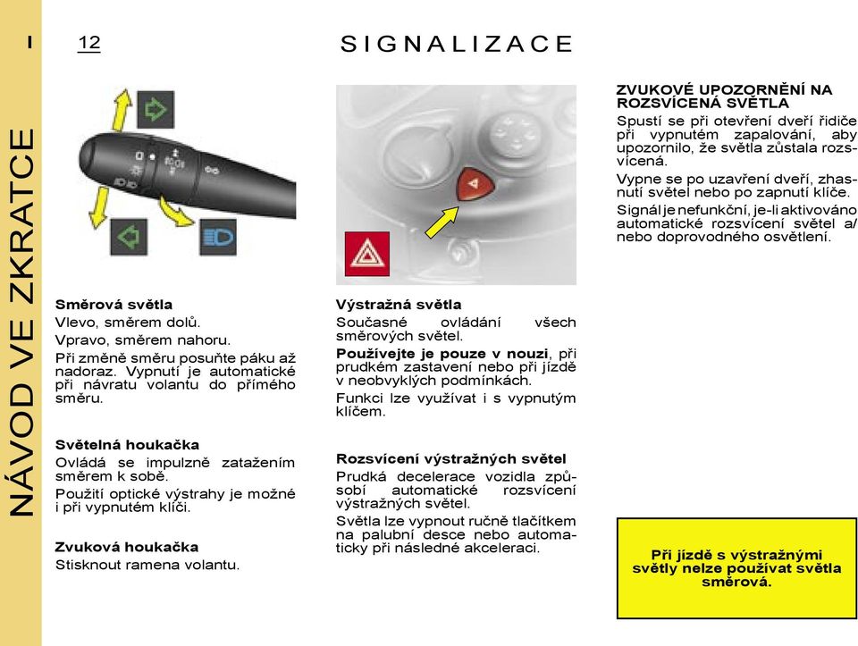 Zvuková houkačka Stisknout ramena volantu. Výstražná světla Současné ovládání všech směrových světel. Používejte je pouze v nouzi, při prudkém zastavení nebo při jízdě v neobvyklých podmínkách.