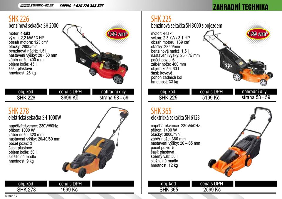 mm objem koše: 45 l šasí: plastové hmotnost: 25 kg 123 cm 3 SHK 225 benzínová sekačka SH 3000 s pojezdem motor: 4-takt výkon: 2,3 kw / 3,1 HP obsah motoru: 139 cm³ otáčky: 2850/min benzínová nádrž: