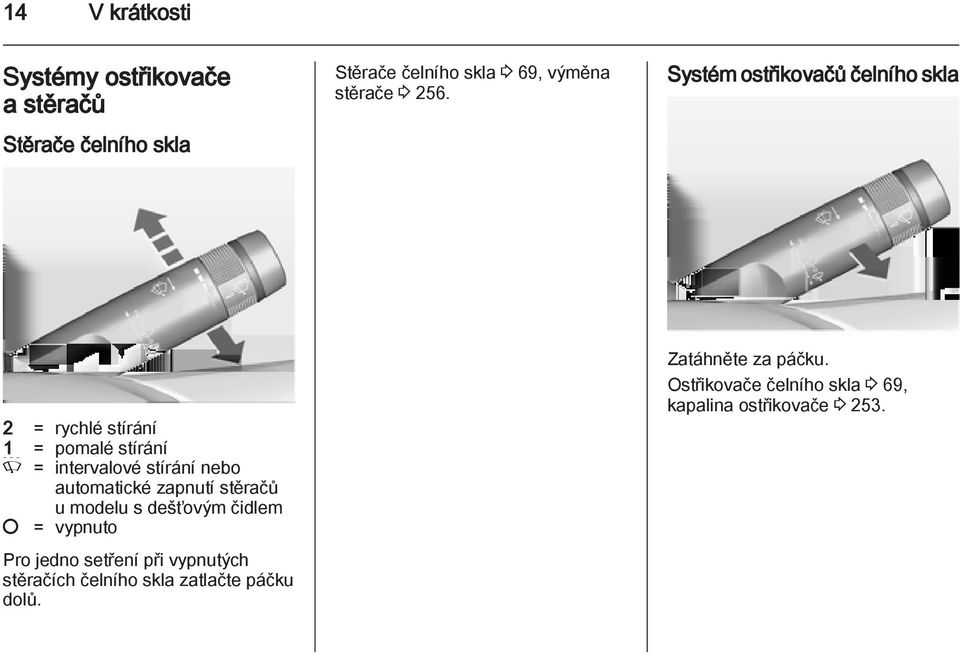 Systém ostřikovačů čelního skla 2 = rychlé stírání 1 = pomalé stírání P = intervalové stírání nebo