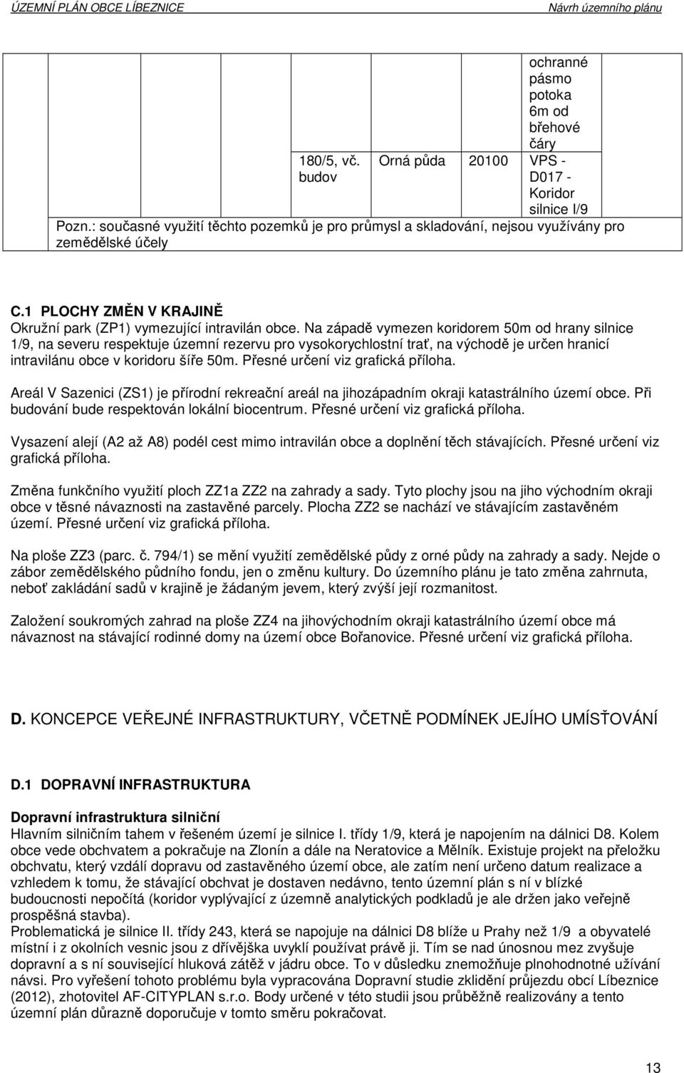 Na západě vymezen koridorem 50m od hrany silnice 1/9, na severu respektuje územní rezervu pro vysokorychlostní trať, na východě je určen hranicí intravilánu obce v koridoru šíře 50m.