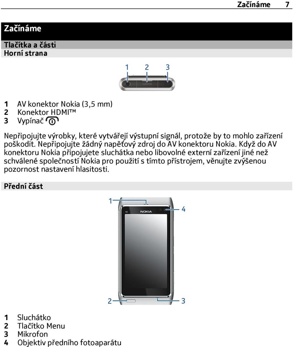 Když do AV konektoru Nokia připojujete sluchátka nebo libovolné externí zařízení jiné než schválené společností Nokia pro použití s