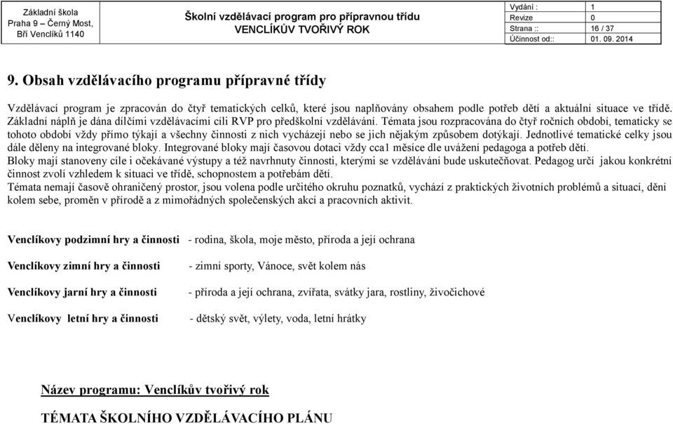 Témata jsou rozpracována do čtyř ročních období, tematicky se tohoto období vždy přímo týkají a všechny činnosti z nich vycházejí nebo se jich nějakým způsobem dotýkají.