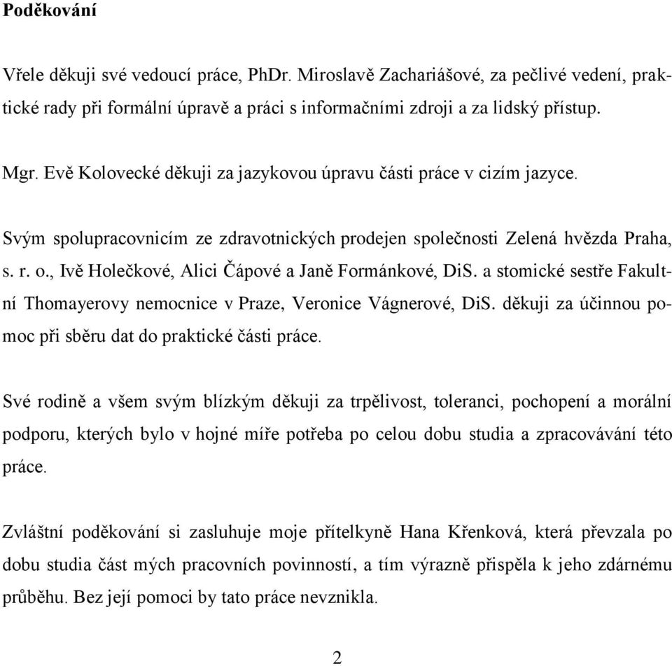 , Ivě Holečkové, Alici Čápové a Janě Formánkové, DiS. a stomické sestře Fakultní Thomayerovy nemocnice v Praze, Veronice Vágnerové, DiS. děkuji za účinnou pomoc při sběru dat do praktické části práce.